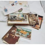 Box of postcards (some Irish) & 3 1st Ed stamps (Papal Visit 1979, De Valera 1975, GAA 1984)