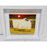 GRAHAM KNUTTEL: Sheep in Landscape, 28cm h x 36cm w, mounted on white frame