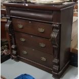 Late 19thC Mahogany Scotch Chest of Drawers, 4 long drawers, on platform base, 48”w x 24”d x 49.5”h