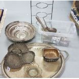 Box of assorted antique silver plate items – dishes, knife handles, fruit baskets with handles etc
