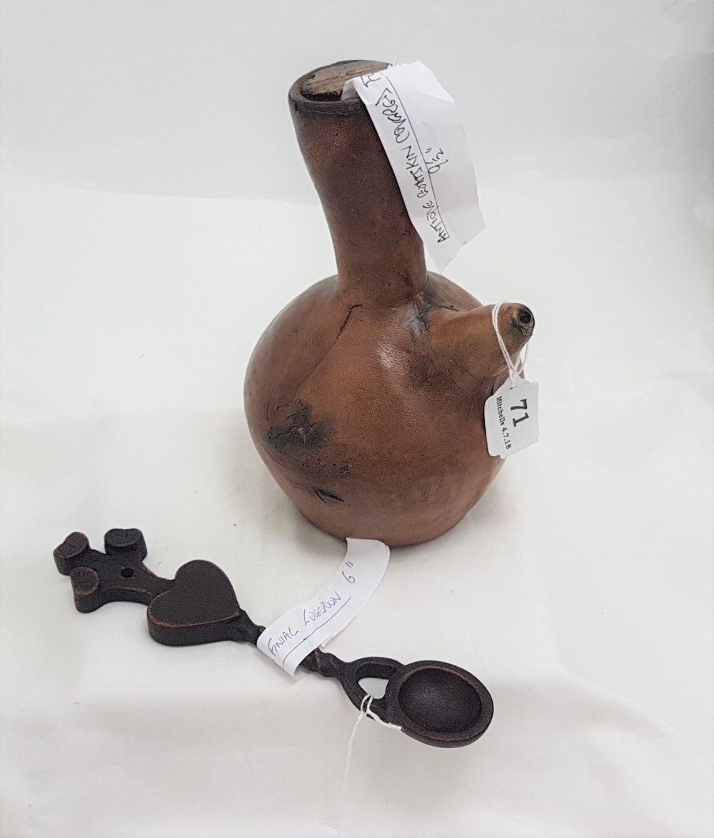 Antique Goatskin Flask & a Carved Welsh Love Spoon (2)