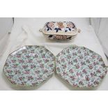 Pair of octagonal shaped English China Wall Plates, floral 12” dia & tureen with lid (repaired) (3)