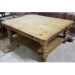 Large pine 2 tier coffee table on turned legs, bun feet, 2 drawers, 37"w x 49"l