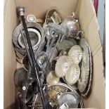 Box of silver plate ware incl. jugs, plates etc & a walking stick with cat head