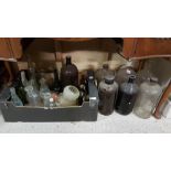 Box of coloured glassware, poison bottles etc