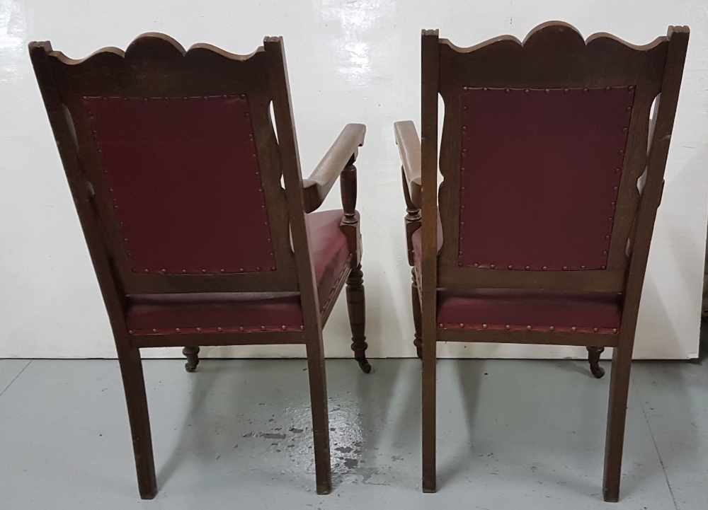 Matching Pair of Oak Framed Armchairs, on turned front legs, wine leatherette seats and back (2) - Image 2 of 2