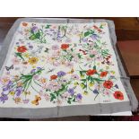 Gucci 100% silk scarf, grey border, decorated with meadow flowers, poppies, cornflowers,