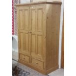 Modern pine 2 door wardrobe, with raised panelled detail, 2 drawers at base, 48"w x 72"h x 22.5"d