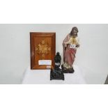 19th C Lourdes Marian Figure on Base, bronze, signed, statue of Christ, 16" h & prisoner Cell