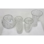 4 pieces of fine cut traditionally Irish crystal items – a rose bowl and 3 vases, all as new