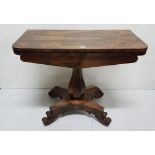 WMIV Rosewood Fold Over Tea Table, on a bulbous shaped pod and platform base on 4 scrolled feet,