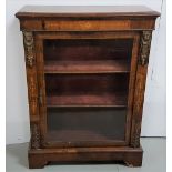 19th C Inlaid walnut Pier Cabinet, single glazed door enclosing 2 velvet covered shelves, gilt