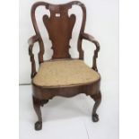 Interesting Early 18th C – C 1740 – Irish walnut armchair, some damage and loss of veneer 60cms W,