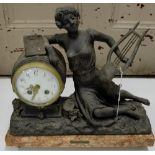 French Spelter Mantle Clock, figure of lady with lyre, on a red marble base (not working)