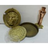 3 brass items, brass pan stamped NEWMAN, DUBLIN, modern sundial, lion door knocker and Art Nouveau