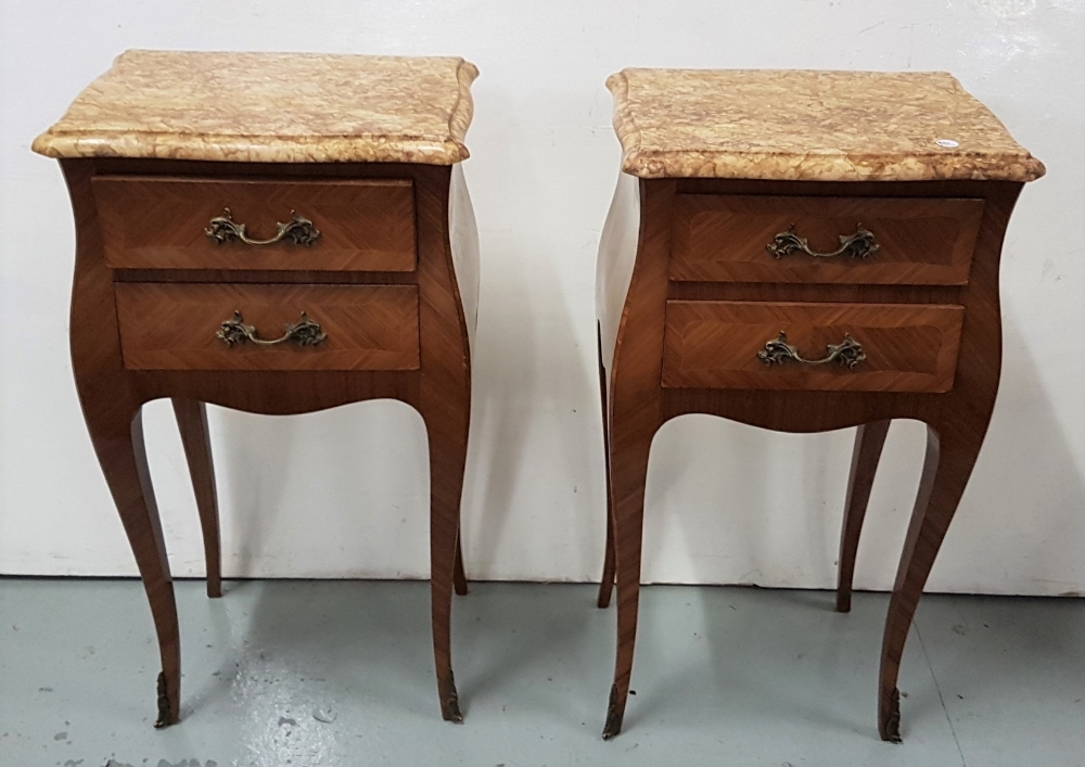 Matching Pair of French Kingwood Louis VI Bedside Cabinets, each with 2 drawers, on sabre legs