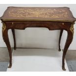 Marquetry Inlaid Desk with sliding tray, fine brass banding, on sabre legs with brass toes, 32”w x