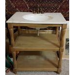 Oak framed 3 tier washstand with white marble top and oval ceramic basin, brass taps (one corner