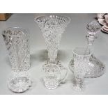 6 Pieces Waterford Glass – 3 vases, ships decanter with stopper, a jug and a bowl (no chips) (6)