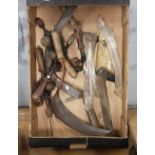 Box of assorted tools – a plane, hand sythe, door handle etc