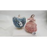 2 Irish Dresden figures of ladies in elaborate pink and blue dresses