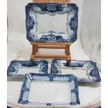 Set of 3 graduated rectangular shaped Staffordshire plates with blue and white pattern + a similar