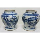 Matching Pair of Bulbous Vases, blue and white with Chinese figures (reproductions), each 9”h