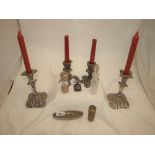 Pair of plated candlesticks, a pair of ormolu candlesticks (damaged) & 5 perfume bottles/pin