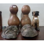 2 carved African ceremonial masks, pair of elm double gourd vases and a carved boxer dog (5)