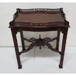 Regency style mahogany tray top side table with Chinese Chippendale fretwork, square chamfered
