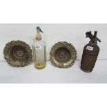 Two soda syphons (1 Mineral Water Distributors) & a pair of large plated bottle stands, with