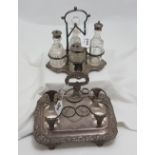 2 Georgian Silver Plate Condiment Stands (1 with cut glass condiment bottles) (2)