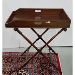 Late 19thC Mahogany Butlers Tray on a folding stand, 27” x 17”d