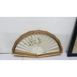 Lady’s Embroidered Silk Fan in a fan shaped gold frame, 35”h x 65”w