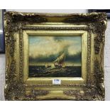 Oil on tin – fishing vessel at sea, in an ornate gilt frame (reproduction), 19 x 24cm