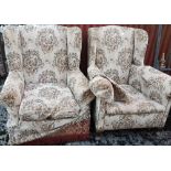 2 Fireside Armchairs, with matching removable floral covers - 1 on bun feet, 1 on Queen Ann feet