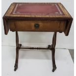 Miniature sofa table, with red leatherette top and apron drawer, extends to 28” x 14.5”w x 21”h