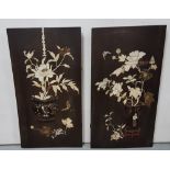 Pair of Japanese Collages on ebony boards, figures at vases with flowers, (some damage to both) each