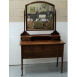 Edw. Inlaid Mahogany Dressing Table, with 3 drawers, tapered legs, mirror back, 42”w