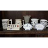 2 shelves assorted English pottery incl. nursery rhyme bowls, counter advertising name plates e.g.