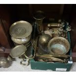 Box of brassware – several jardineres, candlesticks & a brass fender etc