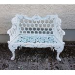 Matching Pair of Cast Iron Garden Benches, horse shoe shaped backs, iron seats