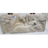 Late 18thC White Marble Chimneypiece Plaque, lady reclining with pet lion and a musical lyre, 17.5”w