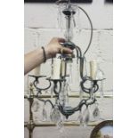 French Brass Framed Ceiling Light, with glass droplets (5 branches)