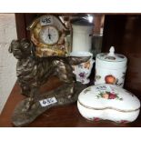 5 pieces china – trinket dish, money box, mantle clock etc & a resin figure of a golden retriever (