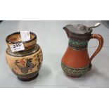 Antique Montopolia Vase & Art Nouveau Antique Ceramic Decanter, pewter lid (2)