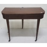 Georgian Mahogany Fold-over Card Table, inlaid with satinwood, tapered legs, brass castors 18”w