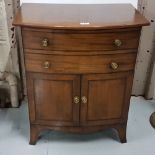 19th C mahogany ebony inlaid side cabinet, bow front with hinged upper door, with 2 lower doors