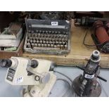 Two vintage electric microscopes & an M40 Olivetti typewriter (worn)
