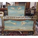 French Brass Framed Bed, each end panel mounted with turned posts and painted with cupids flying